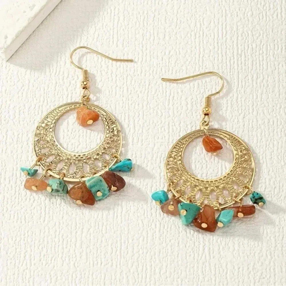Gold Beaded Stone Turquoise Hoop Earrings